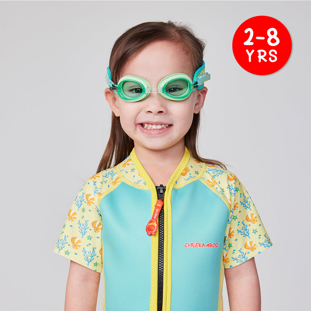 A Kid Wearing Cheekaaboo's Goggles with Soft Neoprene Head Strap in Green Coral