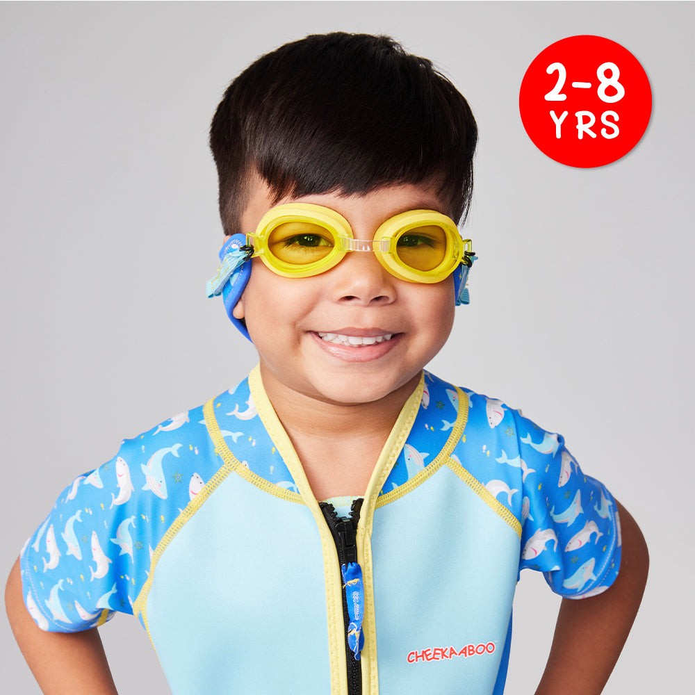 A Boy Wearing Cheekaaboo's Booggles with Neoprene Head Strap