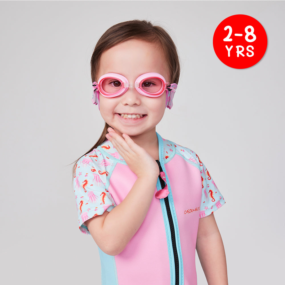 A Kid Wearing Neoprene Swim Booggles in Pink Jellyfish Design