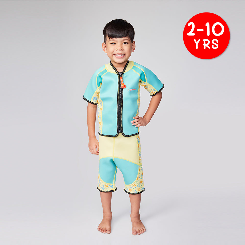 Twinwets Toddler Thermal Swimwear UPF50+ Green Coral_Cute Bathing Suit with Shorts Front View