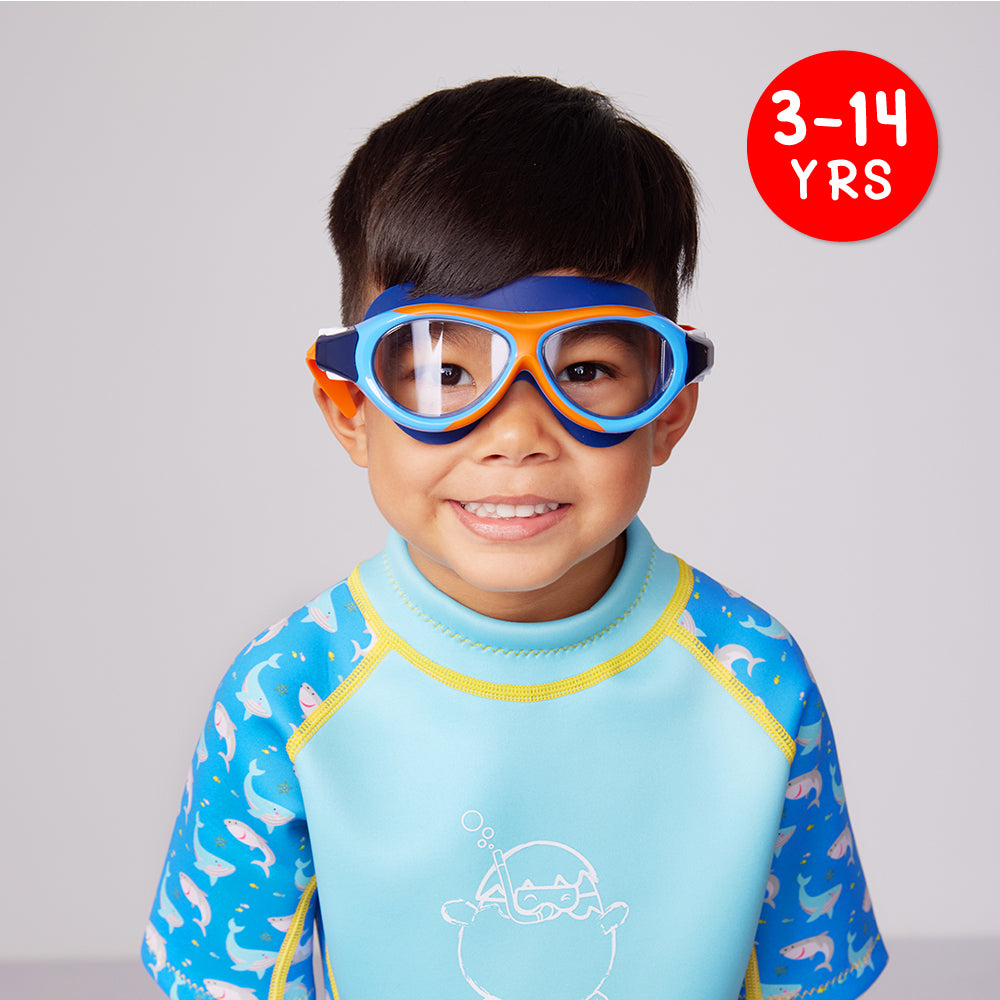 A Kid Wearing the Silicone Swimming Goggles with Wide Frames in Orange Blue