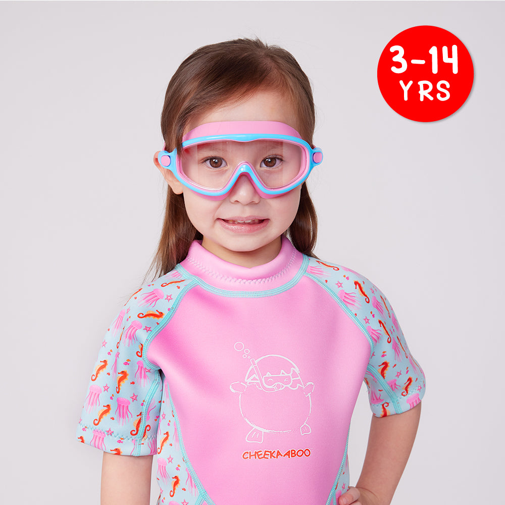 A Kid Wearing the Wide Frame Swimming Goggles in Pink Blue