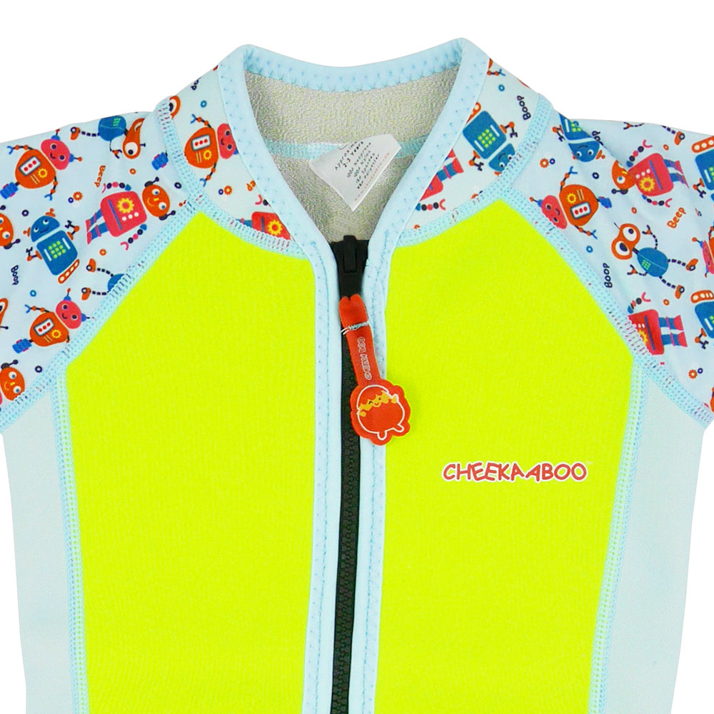 Wobbie Toddler Thermal Swimming Suit UPF50+ Green Robot_Front Zipper Close Up