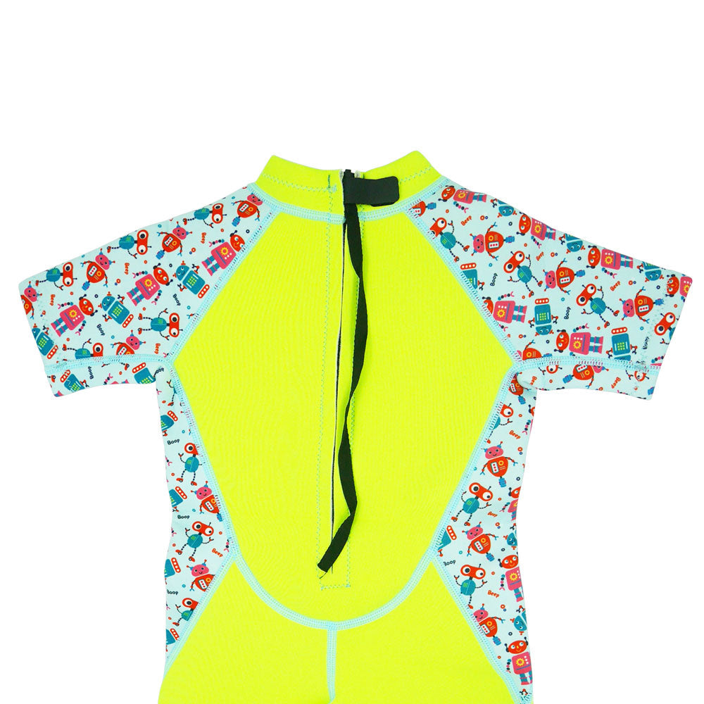 Kiddies Toddler Thermal Swimwear UPF50+ Green Robot_Back Zipper Clsoe Up
