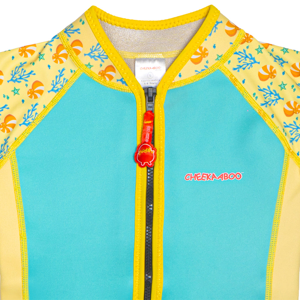 Wobbie Toddler Thermal Swimsuit UPF50+ Green Coral_Front Zipper Close Up