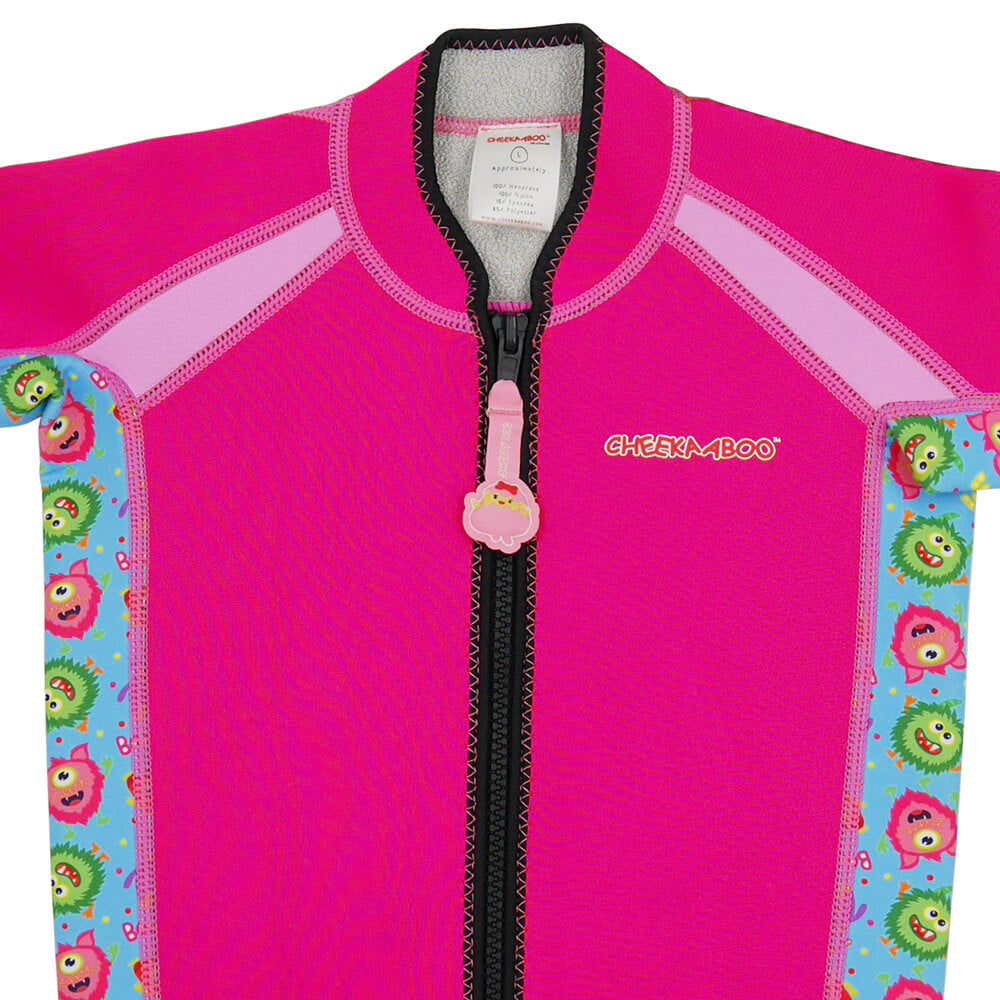 Twinwets Toddler Thermal Swimsuit UPF50+ Pink Monster_Front Zipper Close Up