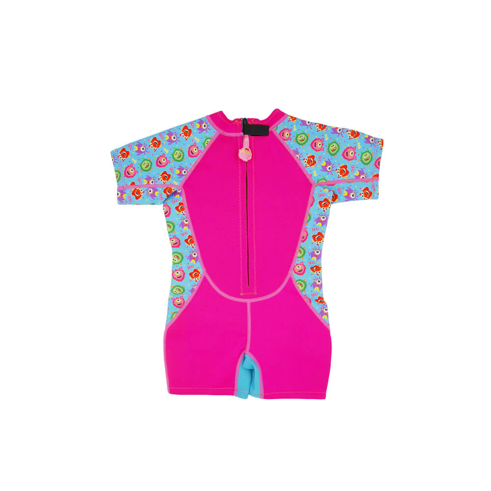 Kiddies Toddler Thermal Swimsuit UPF50+ Pink Monster_Back Zipper