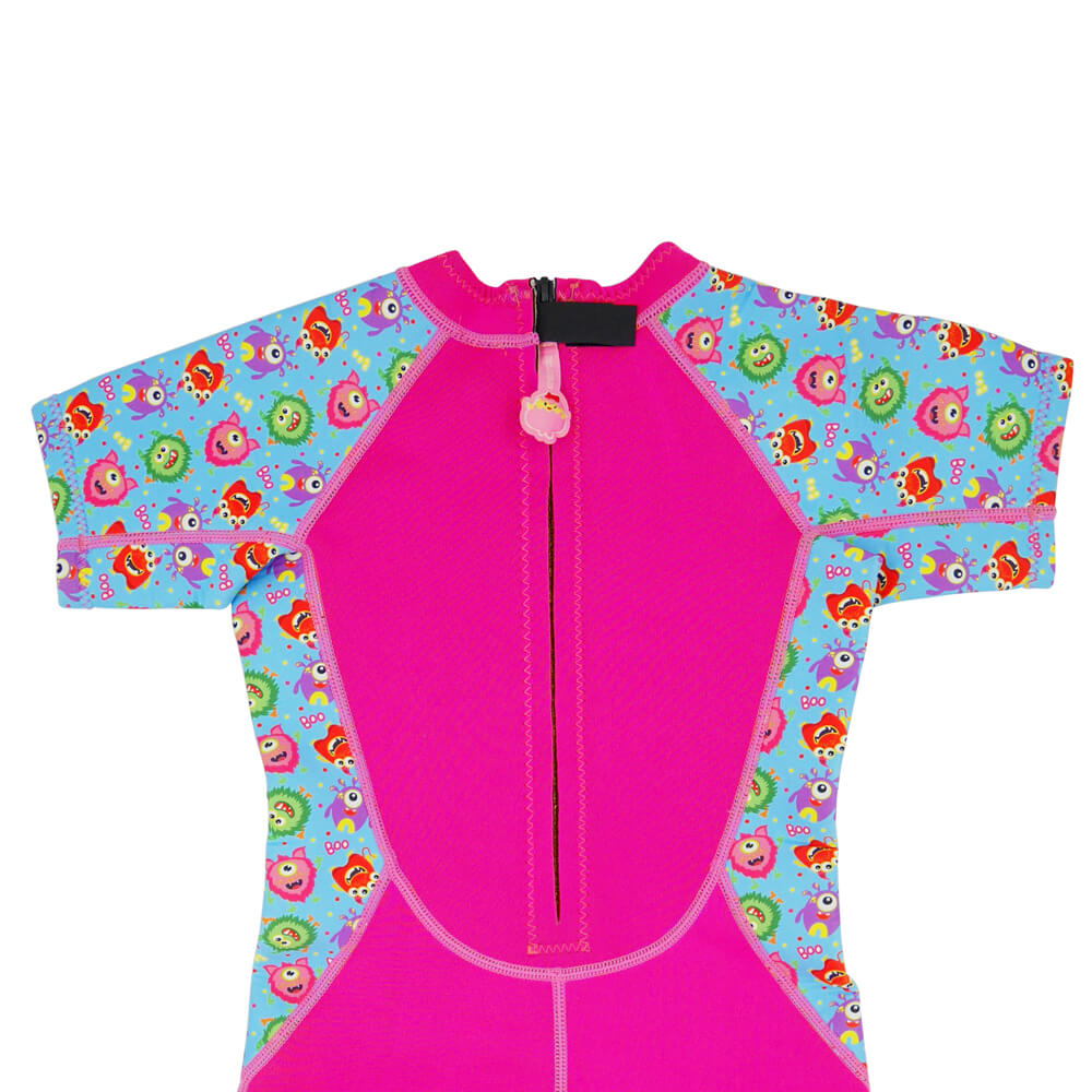Kiddies Toddler Thermal Swimsuit UPF50+ Pink Monster_Zipper Close Up