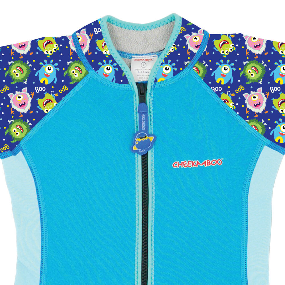 Wobbie Toddler Thermal Swimming Suit UPF50+ Blue Monster_Front Zipper Close Up
