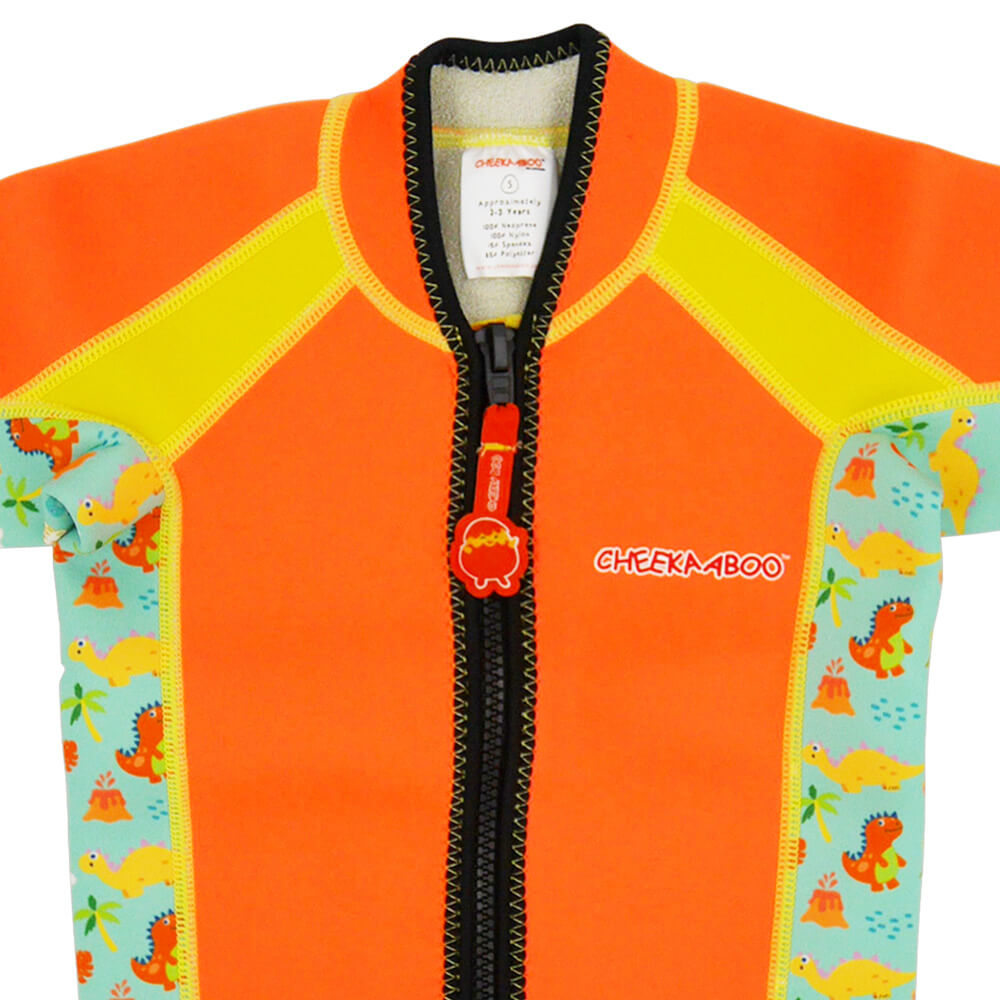 Twinwets Toddler Thermal Bathing Suit UPF50+ Orange Dino_Unisex Swimsuit Front Zipper Close Up