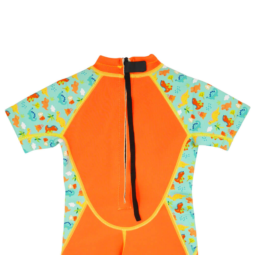 Kiddies Toddler Thermal Swimsuit UPF50+ Orange Dino_Back Zipper Close Up