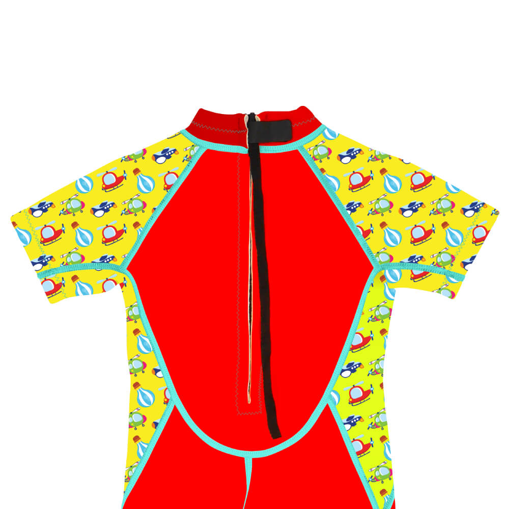 Kiddies Toddler Thermal SwiwearUPF50+ Red Sky Transport_High Neck Swimsuit with Back Zipper