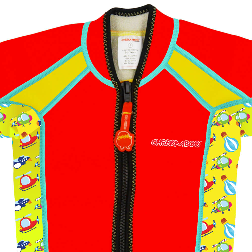 Twinwets Toddler Thermal Swimwear UPF50+ Red Sky Transportation_Front Zipper Close Up