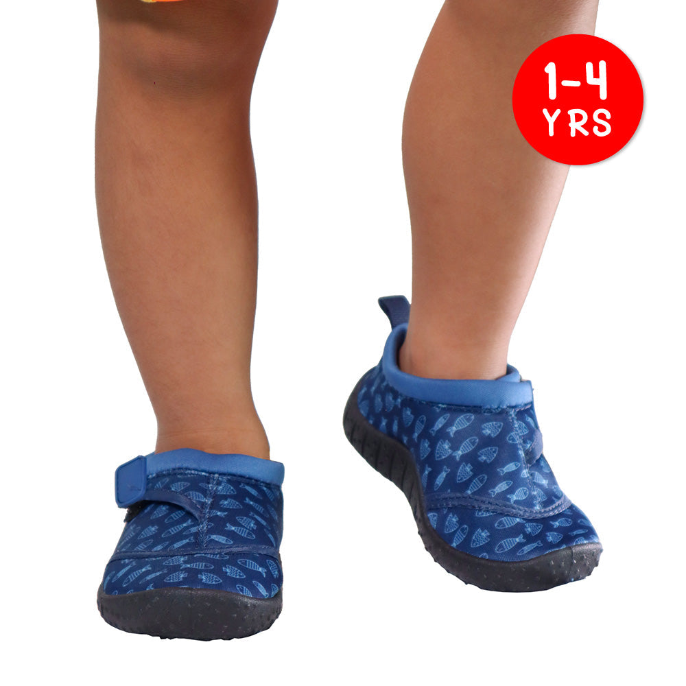 A Kid Wearing the Quick Dry Beach Shoes in Blue Fish