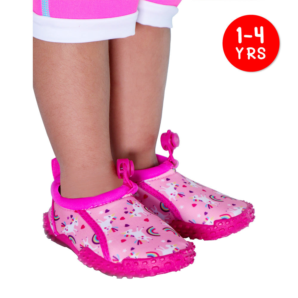 A Kid Wearing Cheekaaboo's Closed Toe Water Shoes - Pink Unicorn