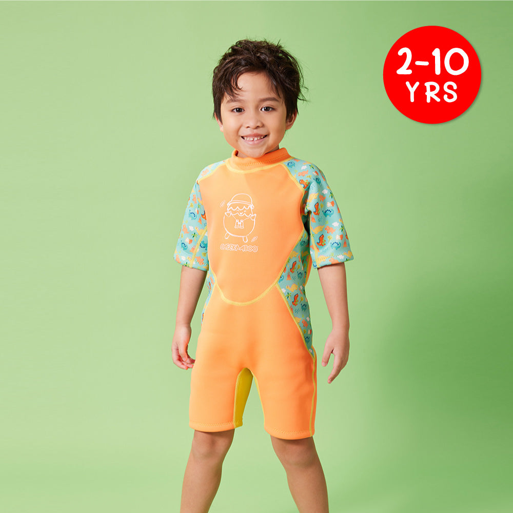 Kiddies Toddler Thermal Swimsuit UPF50+ Orange Dino_Dinosaur Swimsuit Front View
