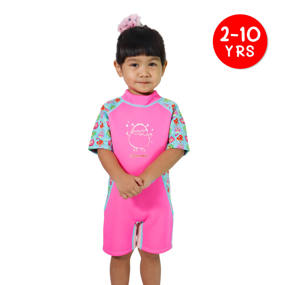 Kiddies Toddler Thermal Swimming Suit UPF50+ Pink Monster_Comfortable Swim Wear Front View