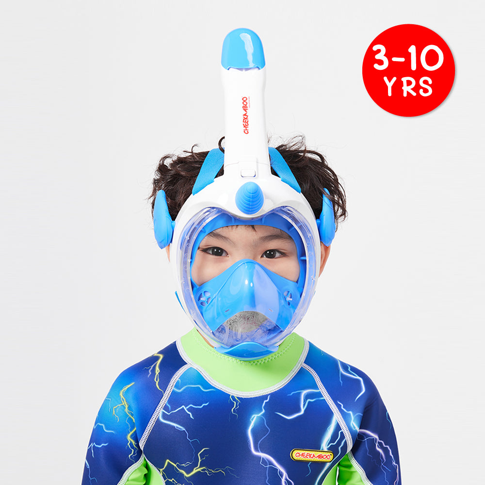 A Kid Wearing the Full Face Fitting Snorkel Mask in Blue