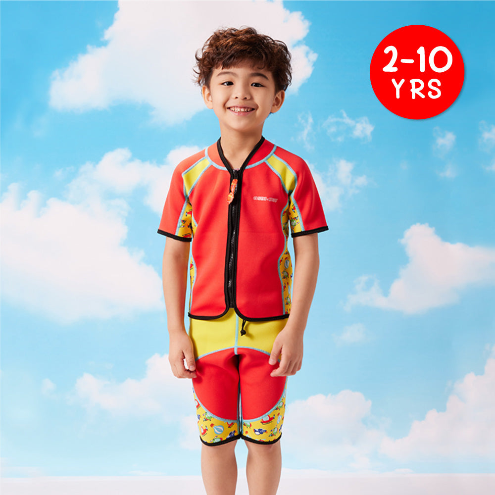 Twinwets Toddler Thermal Swimsuit UPF50+ Red Sky Transportation_Red Two Piece Bathing Suit Front Zipper