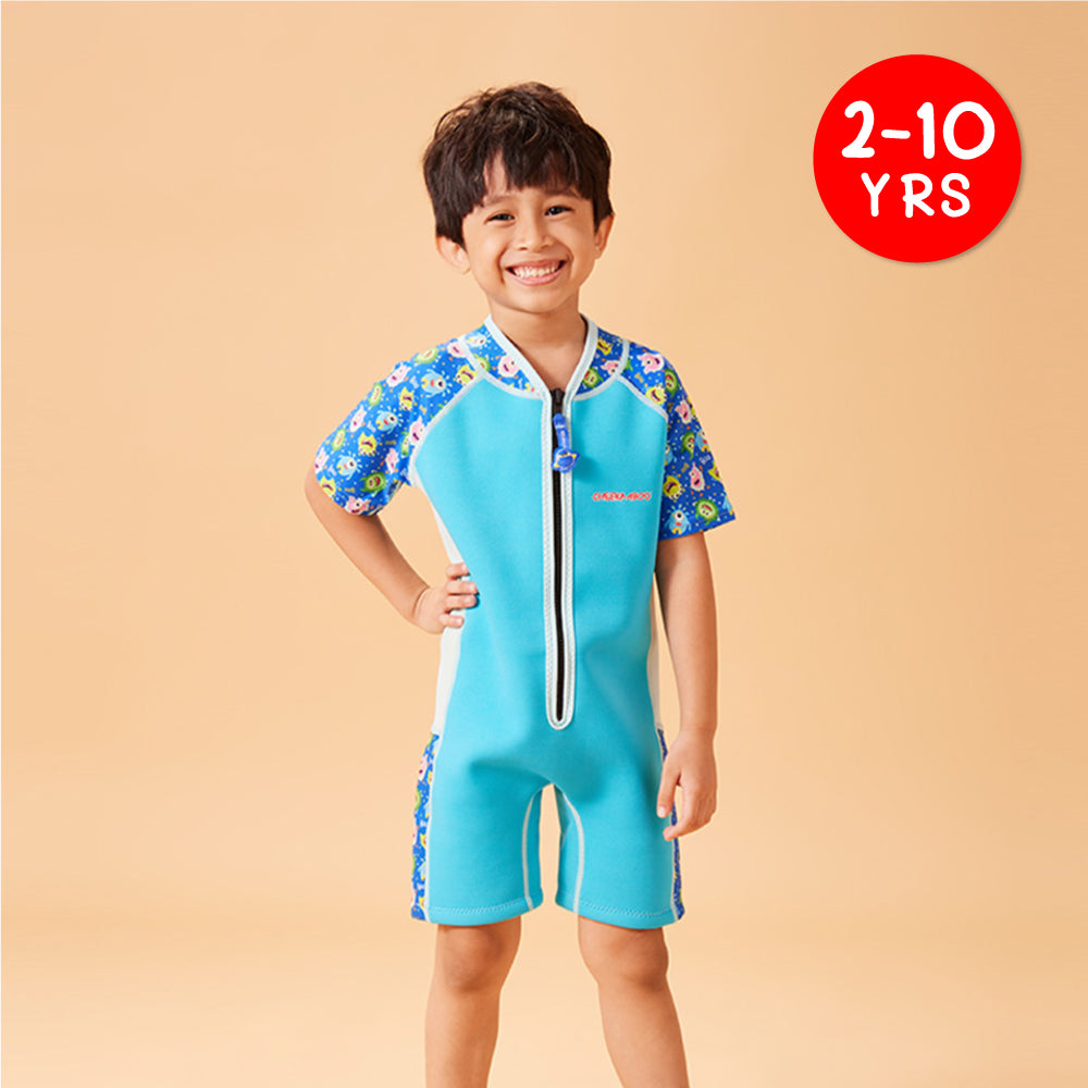 Wobbie Toddler Thermal Swimsuit UPF50+ Blue Monster_Fun One Piece Swimsuits Front View