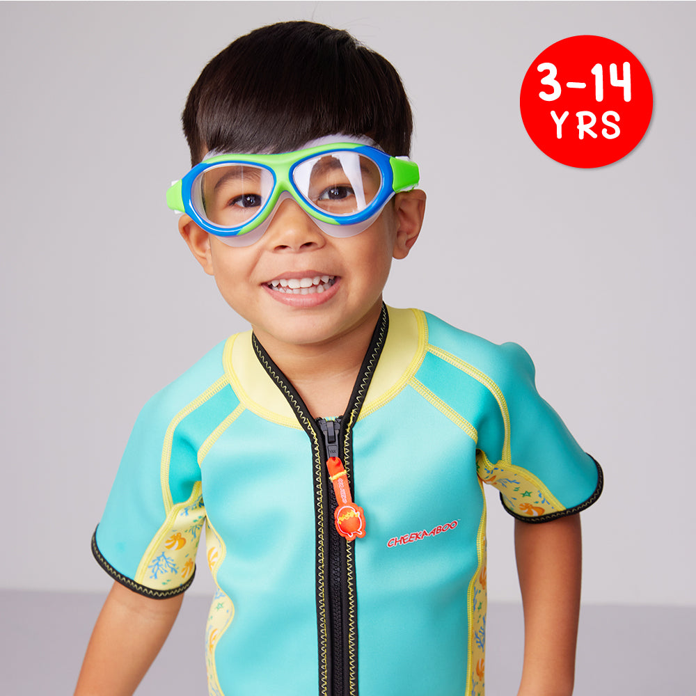 A Kid Wearing the Silicone Wide Frame Swimming Goggles in Green Blue