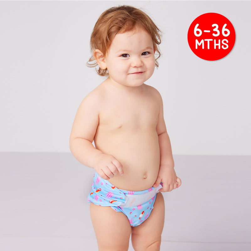 A Toddler Wearing the Reusable Swim Diaper in Jellyfish Design