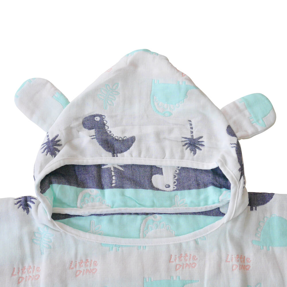Poncho Hooded Towel Blanket with 6 layers 100% Cotton Gauze -  Dino Stripe