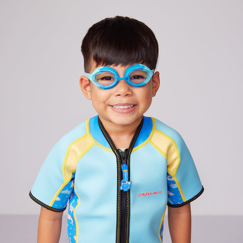 A Kid Wearing the Blue Goggles with Adjustable Silicone Strap