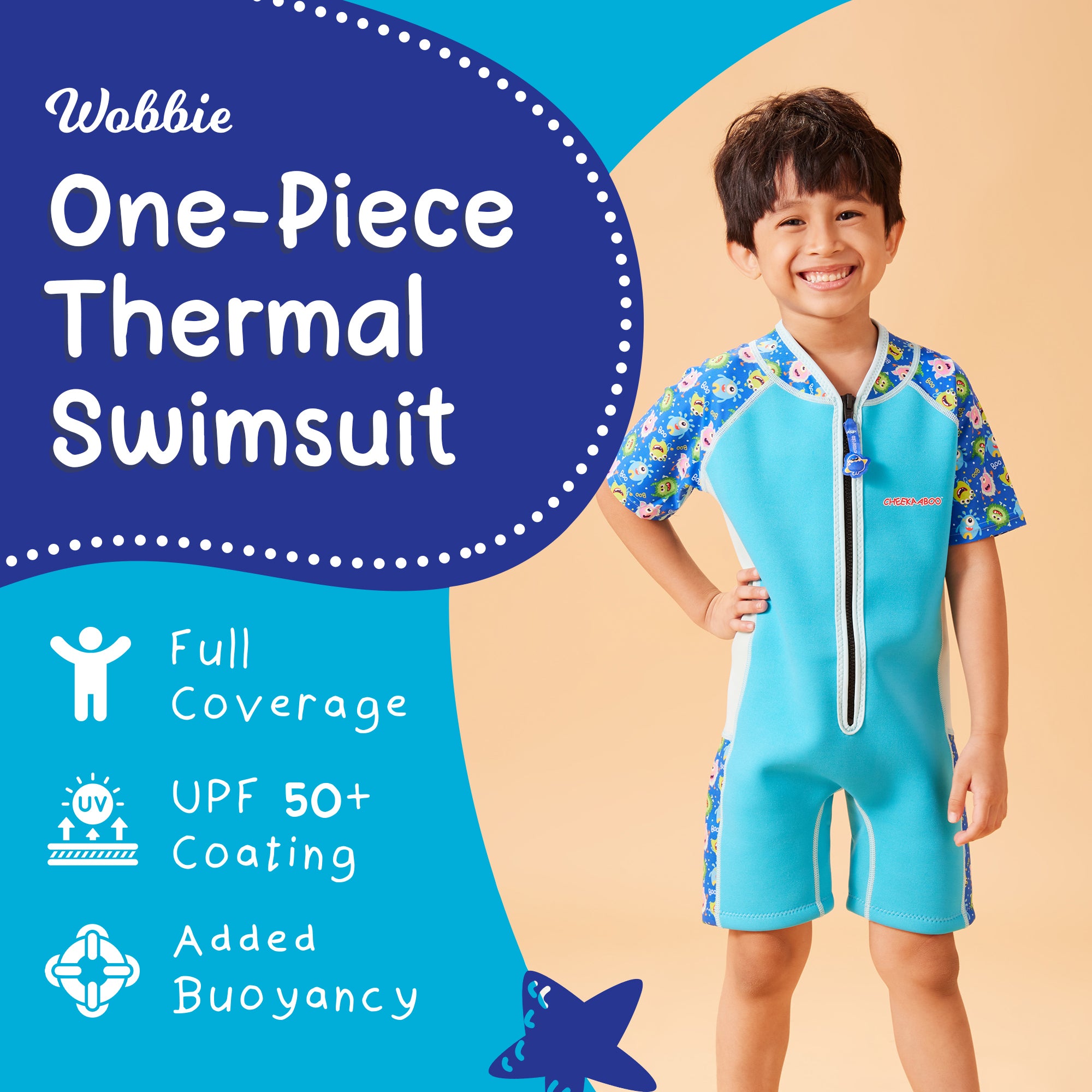Wobbie Toddler Thermal Swimsuit UPF50+ Blue Monster
