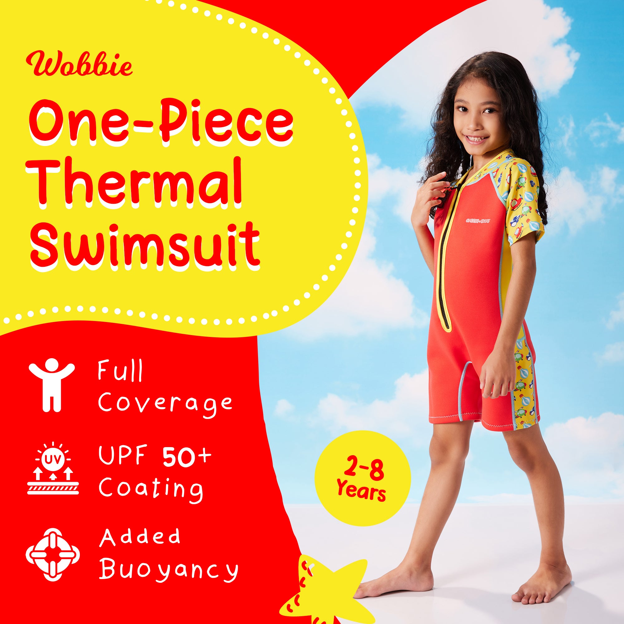 Wobbie Toddler Thermal Swimsuit UPF50+ Red Sky Transportation