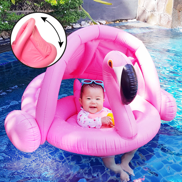 Flamingo Baby Pool Float With Canopy - Inflatable Sunshade Float For Toddlers 6-48 Months